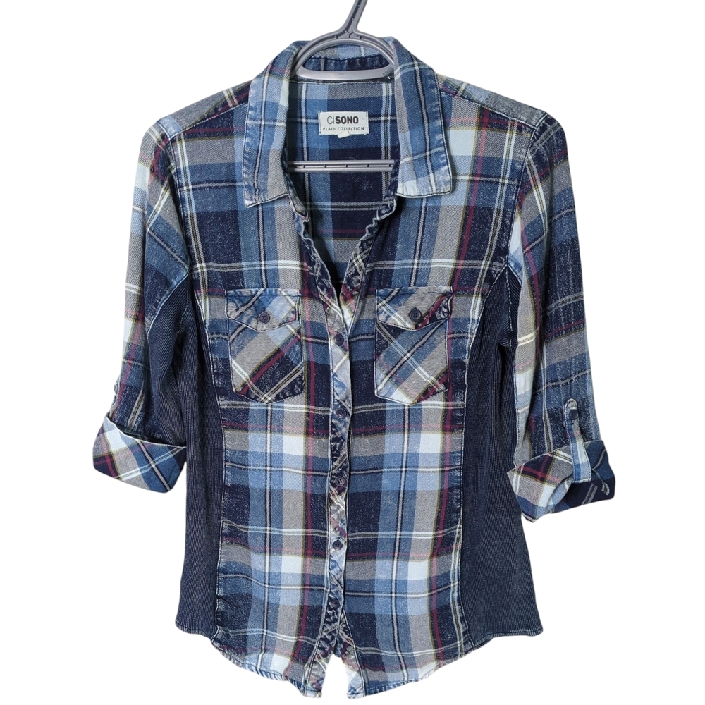 Ci Sono Blue Denim Plaid‎ Shirt W/Ribbed Contrast Size Medium Roll Tab Cuffs